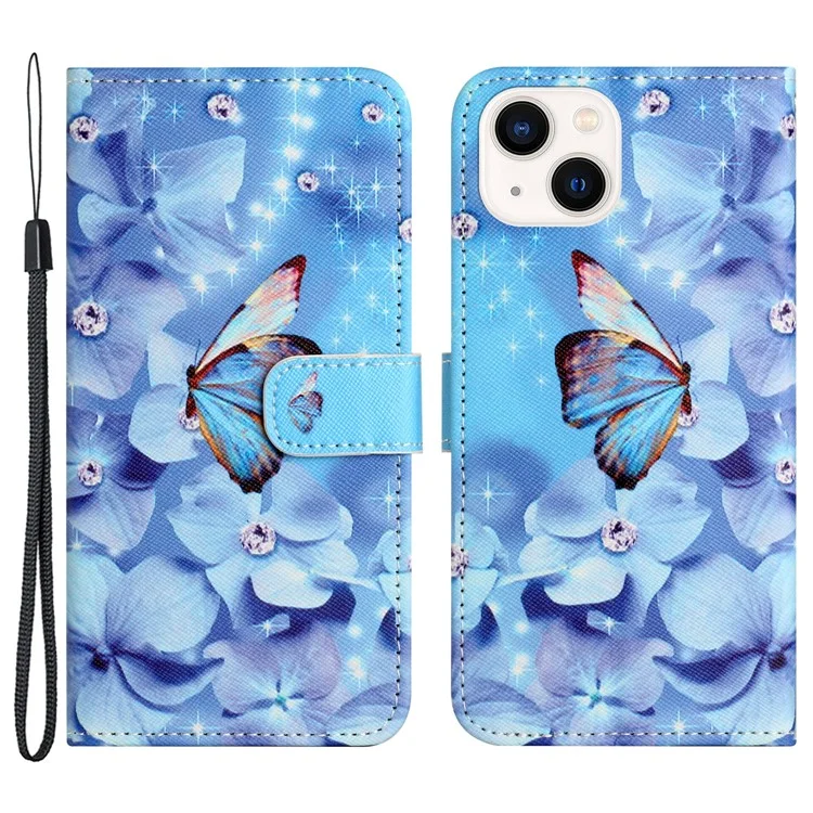 For iPhone 15 Flip Leather Wallet Case 3D Pattern Printing Stand Phone Cover - Flower and Butterfly