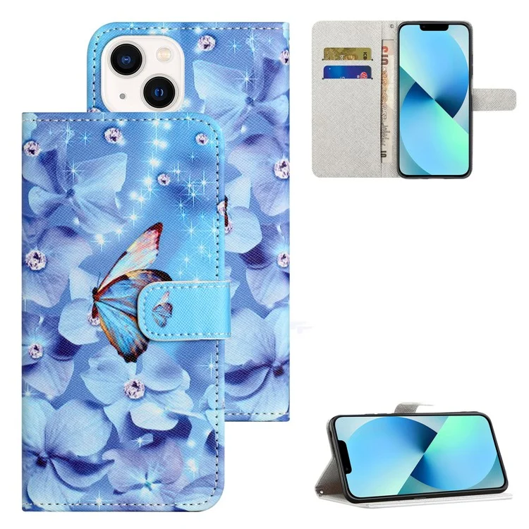 For iPhone 15 Flip Leather Wallet Case 3D Pattern Printing Stand Phone Cover - Flower and Butterfly