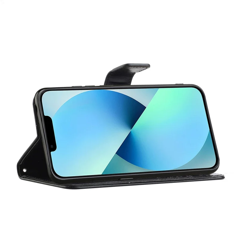 Telefon-Lederhülle für iPhone 15, Ständer-Geldbörse mit Eule-Baum-Prägung, vollständiger Schutz für das Handy - Schwarz