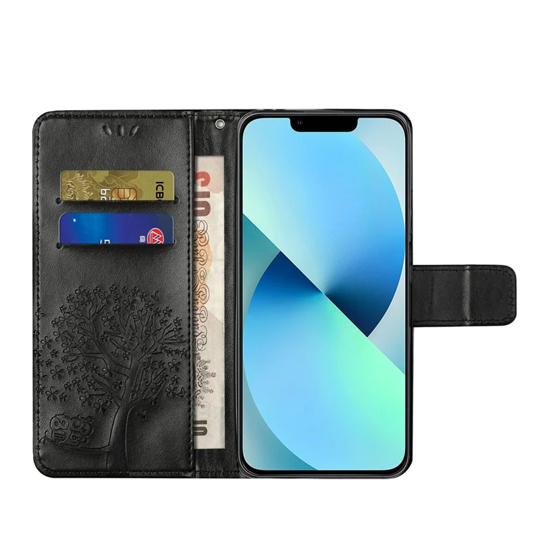 Telefon-Lederhülle für iPhone 15, Ständer-Geldbörse mit Eule-Baum-Prägung, vollständiger Schutz für das Handy - Schwarz