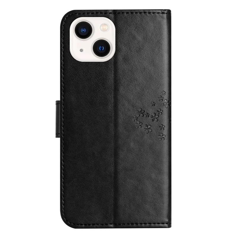 Telefon-Lederhülle für iPhone 15, Ständer-Geldbörse mit Eule-Baum-Prägung, vollständiger Schutz für das Handy - Schwarz