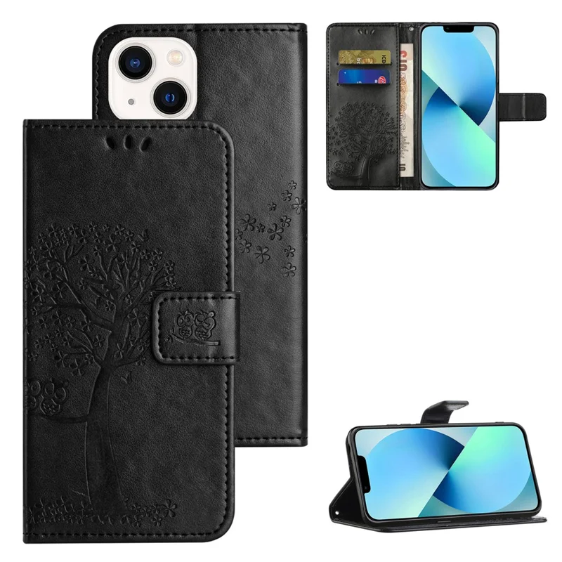 Telefon-Lederhülle für iPhone 15, Ständer-Geldbörse mit Eule-Baum-Prägung, vollständiger Schutz für das Handy - Schwarz