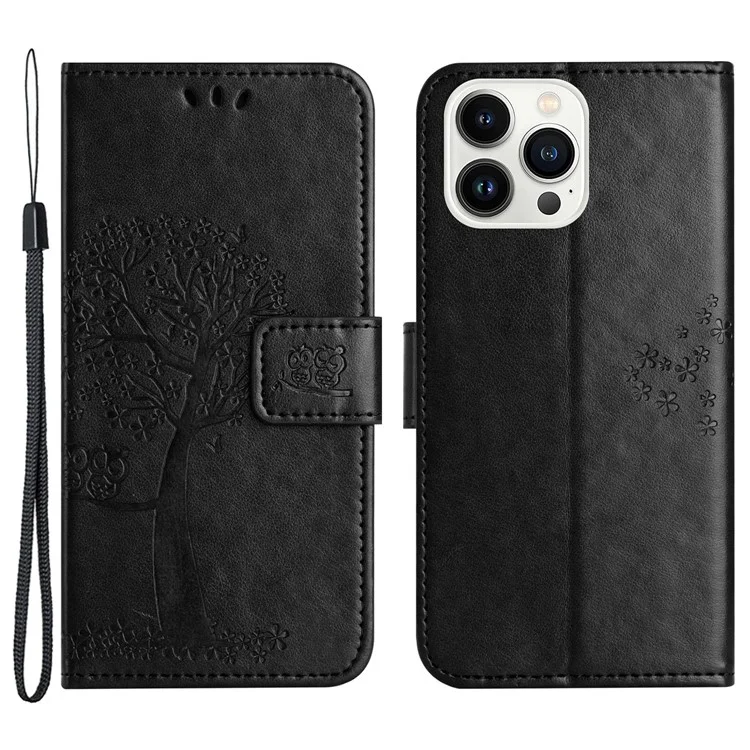 Per iPhone 15 Pro Owl Tree Imprinted PU Leather Wallet Case Stand Anti-drop Phone Cover - Black