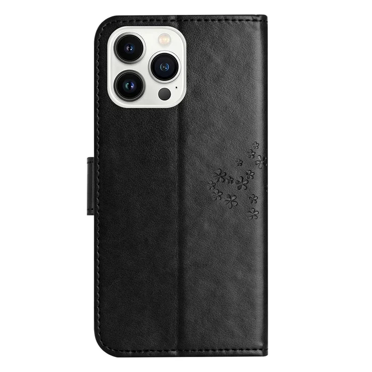 Per iPhone 15 Pro Owl Tree Imprinted PU Leather Wallet Case Stand Anti-drop Phone Cover - Black