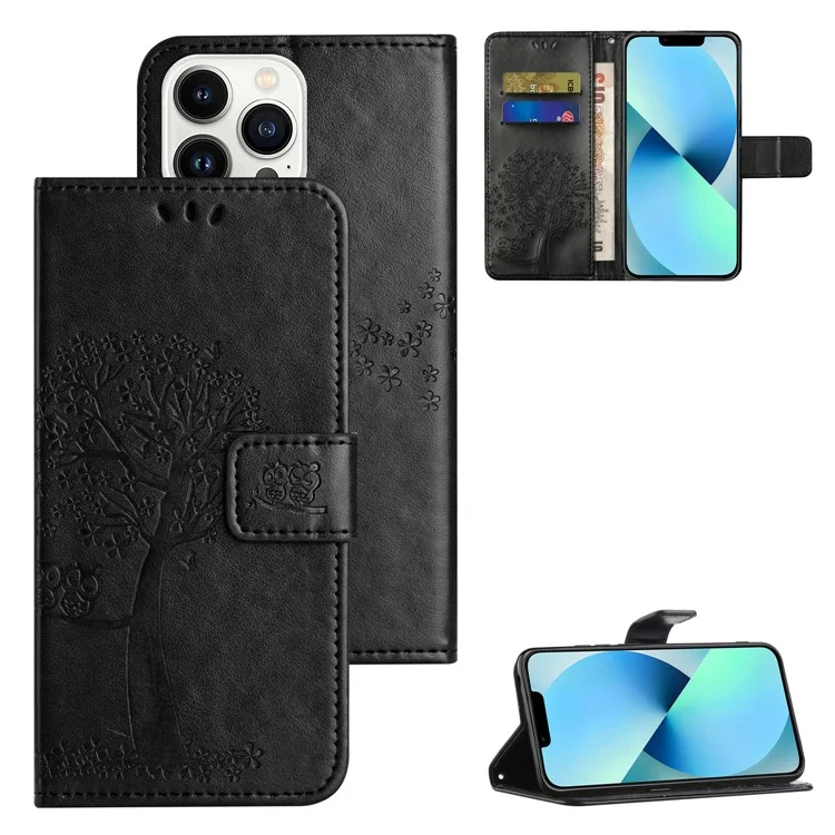 Per iPhone 15 Pro Owl Tree Imprinted PU Leather Wallet Case Stand Anti-drop Phone Cover - Black