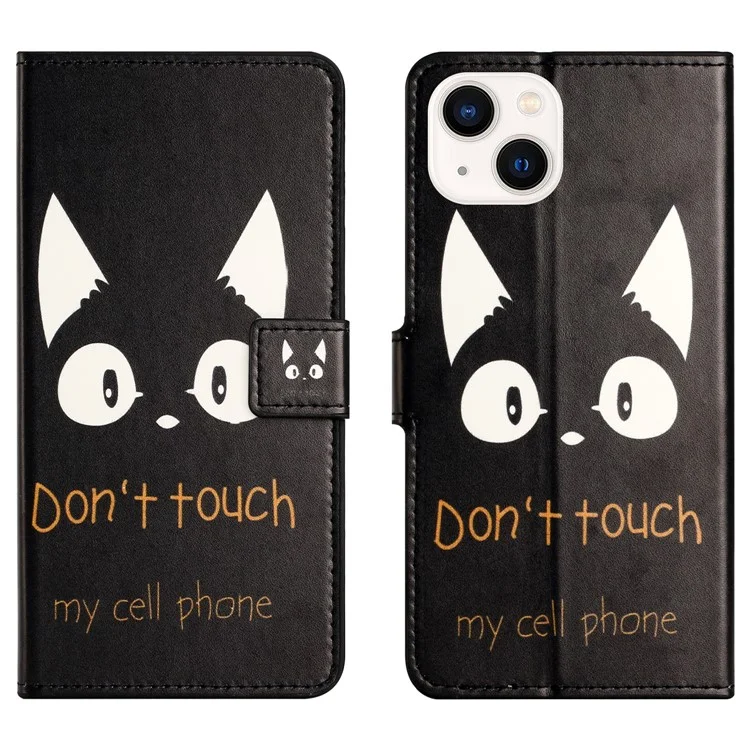 For iPhone 15 Pattern Printing Flip Case PU Leather Stand Wallet Phone Cover - Don't Touch My Cell Phone