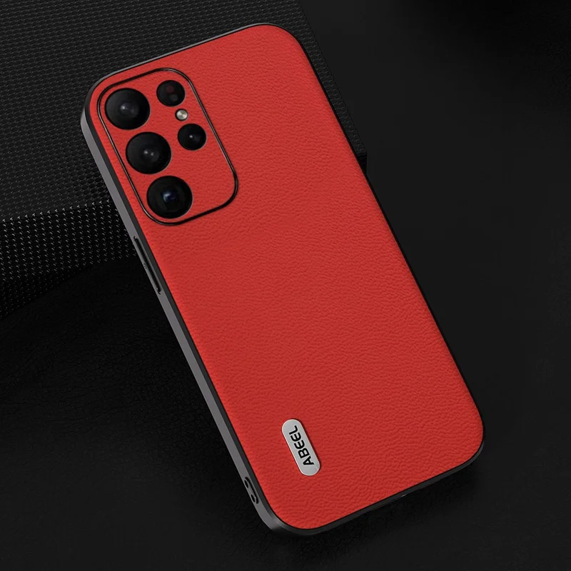 ABEEL For Samsung Galaxy S23 Ultra Case Litchi Texture Genuine Cow Leather+PC+TPU Cover - Red