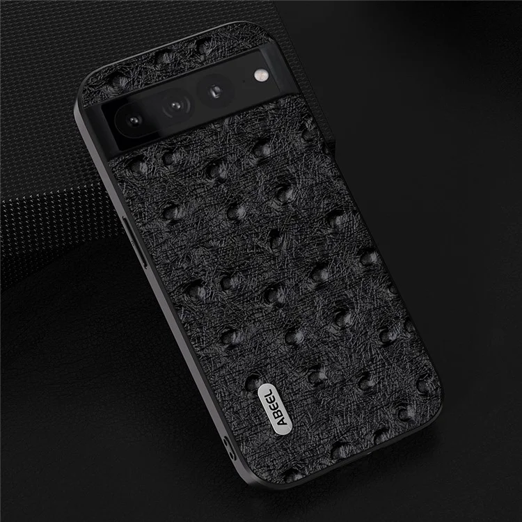 ABEEL Phone Case für Google Pixel 8 Pro Stoßfestes Gehäuse mit Straußentextur aus echtem Rindsleder+PC+TPU-Abdeckung - Schwarz