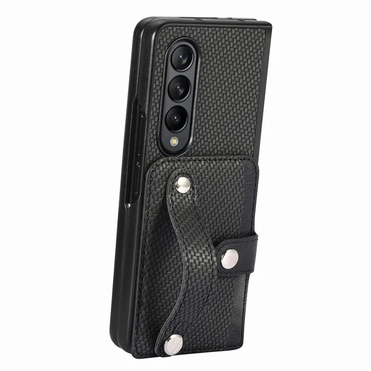 Funda de teléfono con ranura para tarjeta para Samsung Galaxy Z Fold5 5G, cuero PU + PC, pulsera con soporte para teléfono móvil - Negro