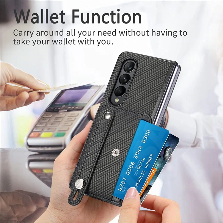 Funda de teléfono con ranura para tarjeta para Samsung Galaxy Z Fold5 5G, cuero PU + PC, pulsera con soporte para teléfono móvil - Negro
