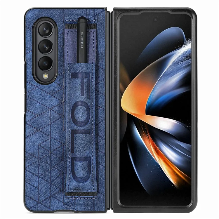 Telescopic Wristband Phone Cover for Samsung Galaxy Z Fold5 5G , PU Leather+PC Phone Case with Pen Slot - Blue