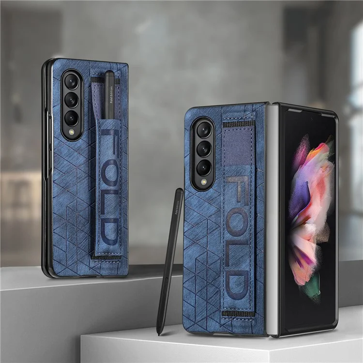 Telescopic Wristband Phone Cover for Samsung Galaxy Z Fold5 5G , PU Leather+PC Phone Case with Pen Slot - Blue