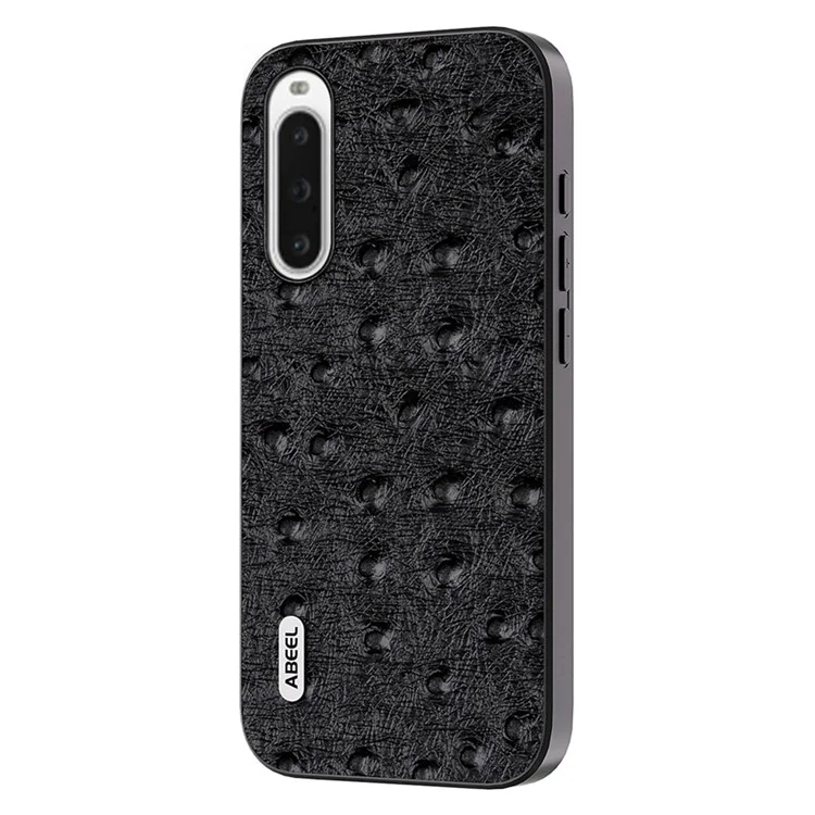 ABEEL For Sony Xperia 10 IV 5G Ostrich Texture Slim Case Genuine Cow Leather+PC+TPU Hybrid Phone Cover - Black