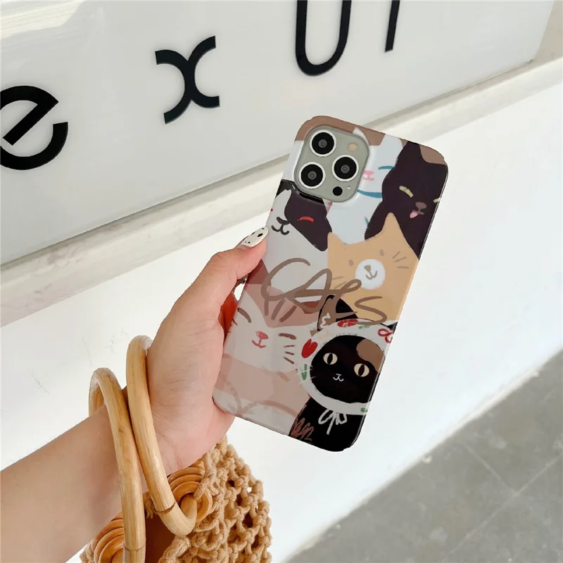 For iPhone 12 Pro Max 6.7 inch Hard PC Phone Case Pattern Printing Protective Glossy Phone Shell - Stacking Cats