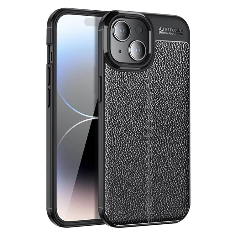 For iPhone 15 Shockproof Back Cover Litchi Texture TPU Phone Case - Black