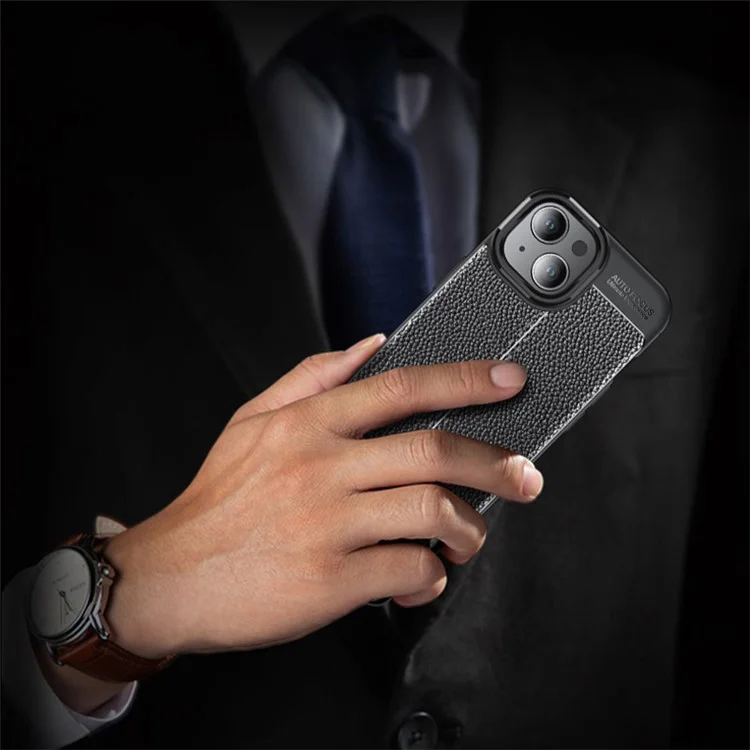 For iPhone 15 Shockproof Back Cover Litchi Texture TPU Phone Case - Black
