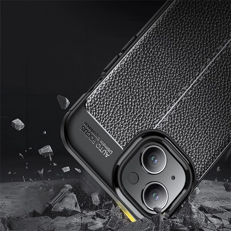 For iPhone 15 Shockproof Back Cover Litchi Texture TPU Phone Case - Black