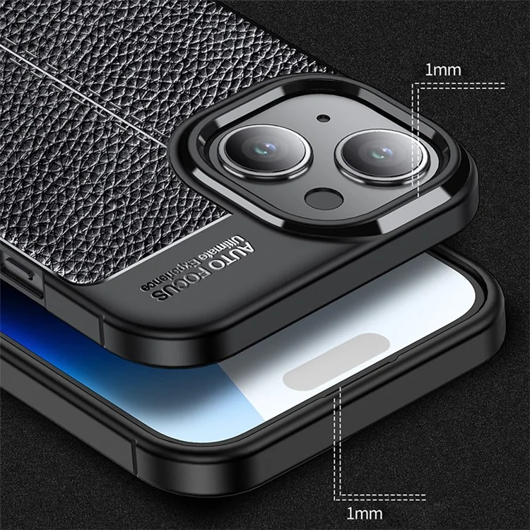 For iPhone 15 Shockproof Back Cover Litchi Texture TPU Phone Case - Black