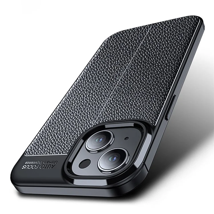 For iPhone 15 Shockproof Back Cover Litchi Texture TPU Phone Case - Black