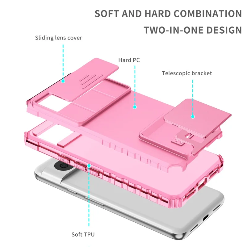 Kickstand Case for Google Pixel 8 PC + TPU Anti-drop Phone Protector with Slide Camera Cover - Pink