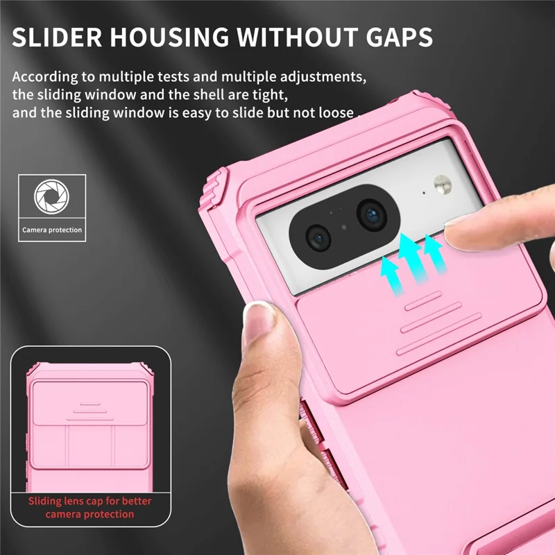 Kickstand Case for Google Pixel 8 PC + TPU Anti-drop Phone Protector with Slide Camera Cover - Pink