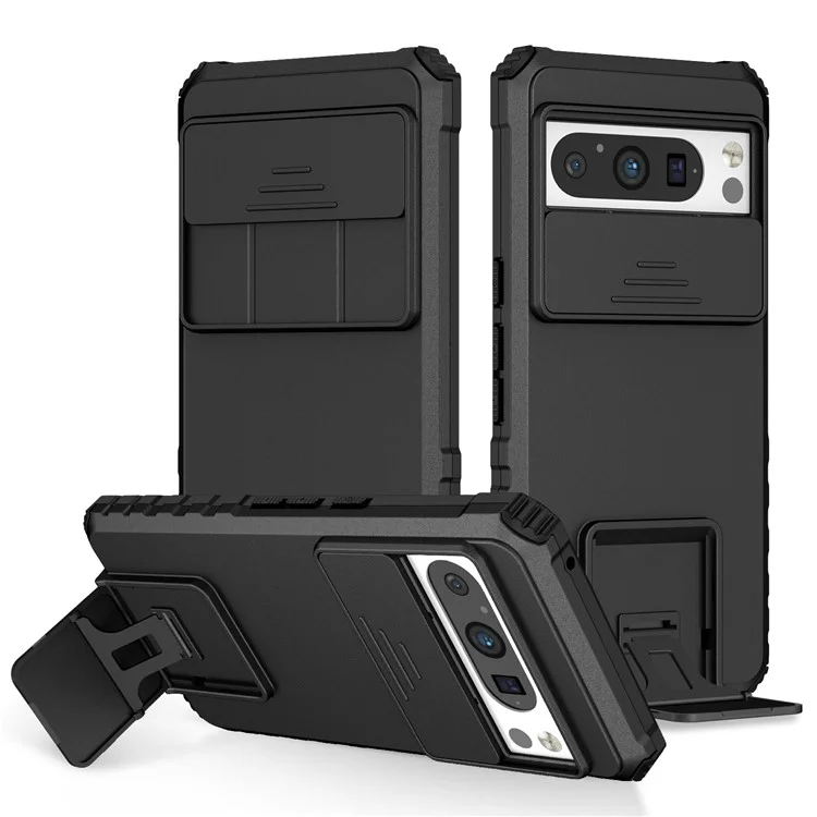 For Google Pixel 8 Pro PC + TPU Phone Protector with Slide Camera Cover Kickstand Case - Black
