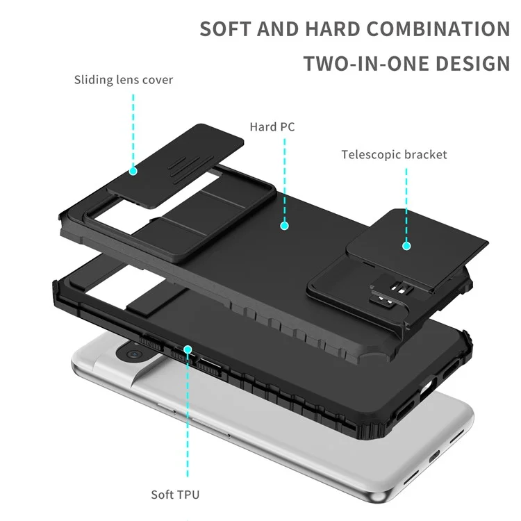 For Google Pixel 8 Pro PC + TPU Phone Protector with Slide Camera Cover Kickstand Case - Black