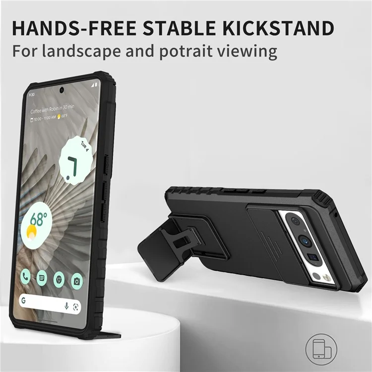 For Google Pixel 8 Pro PC + TPU Phone Protector with Slide Camera Cover Kickstand Case - Black