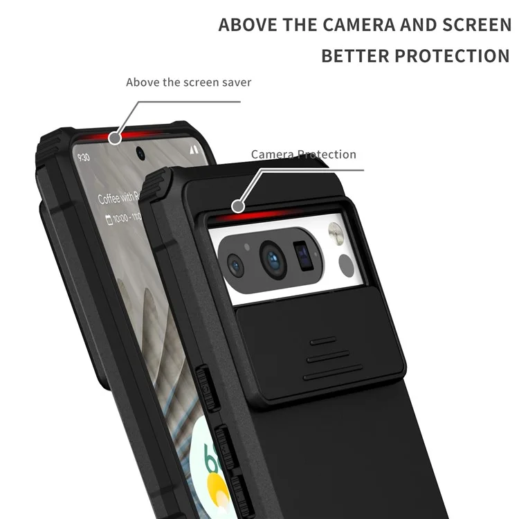 For Google Pixel 8 Pro PC + TPU Phone Protector with Slide Camera Cover Kickstand Case - Black