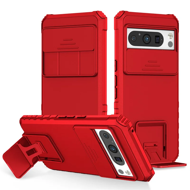For Google Pixel 8 Pro PC + TPU Phone Protector with Slide Camera Cover Kickstand Case - Red