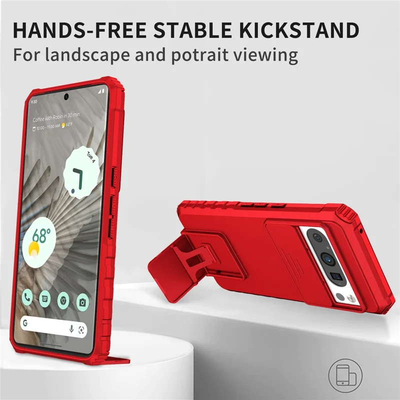 For Google Pixel 8 Pro PC + TPU Phone Protector with Slide Camera Cover Kickstand Case - Red
