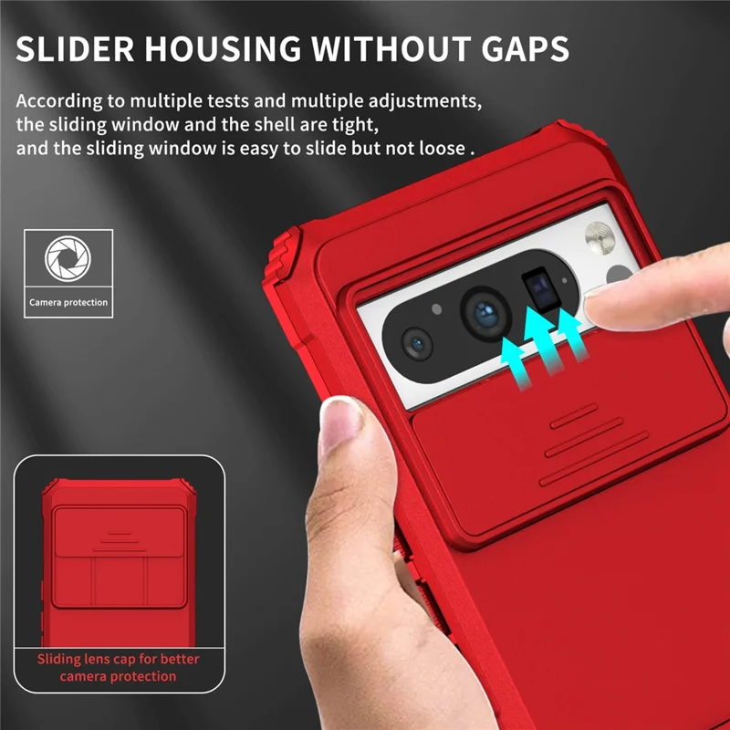 For Google Pixel 8 Pro PC + TPU Phone Protector with Slide Camera Cover Kickstand Case - Red