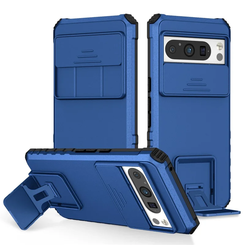 Pour Google Pixel 8 Pro PC + TPU Protecteur de téléphone avec couvercle de caméra coulissant et support - Bleu
