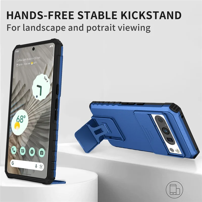 Pour Google Pixel 8 Pro PC + TPU Protecteur de téléphone avec couvercle de caméra coulissant et support - Bleu