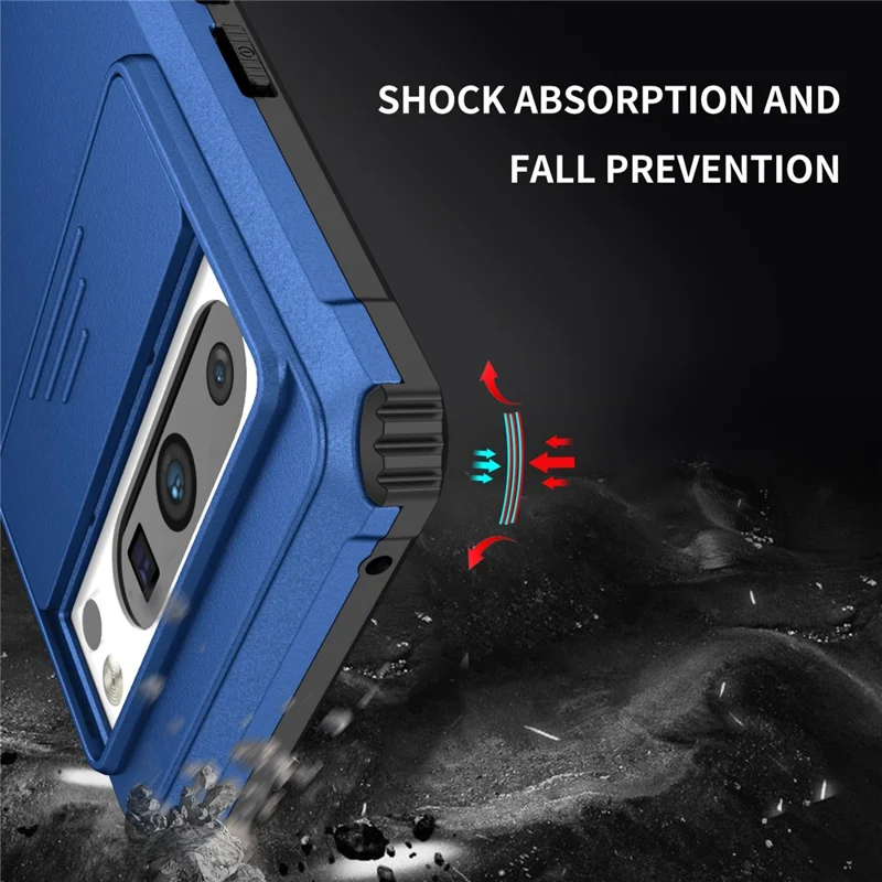 Pour Google Pixel 8 Pro PC + TPU Protecteur de téléphone avec couvercle de caméra coulissant et support - Bleu