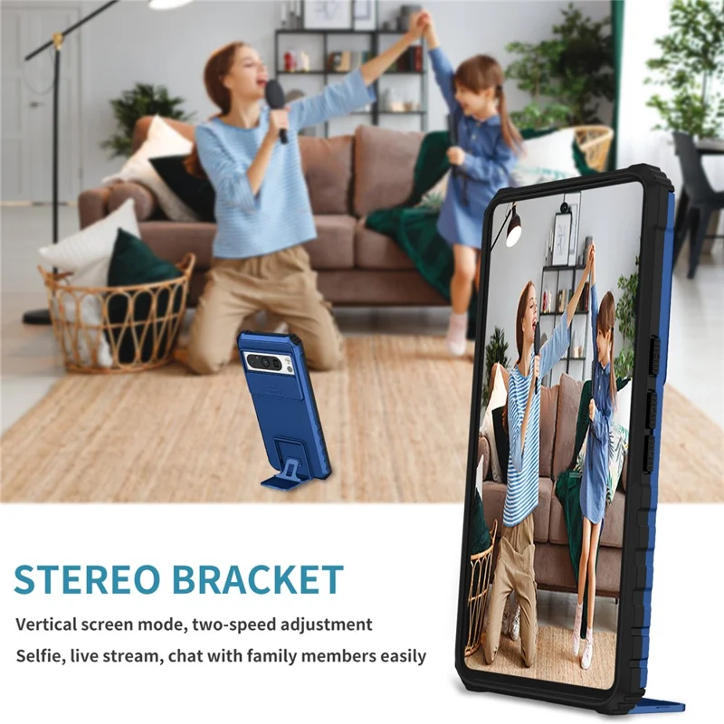 Pour Google Pixel 8 Pro PC + TPU Protecteur de téléphone avec couvercle de caméra coulissant et support - Bleu