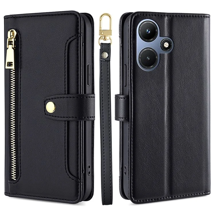Para Infinix Hot 30i Carteira Case Zipper Pocket Flip Stand PU Leather Phone Cover com Alça de Ombro e Alça de Pulso - Preto