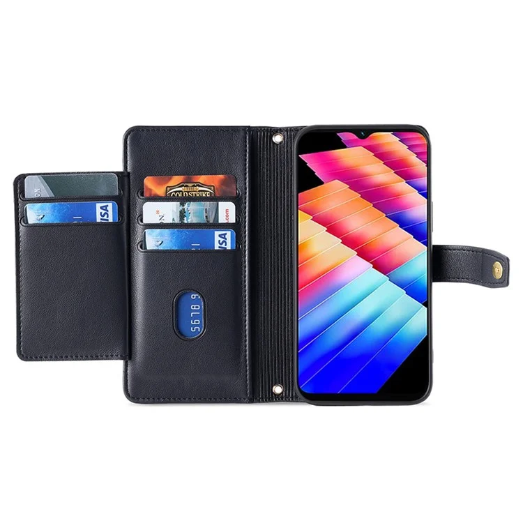 Para Infinix Hot 30i Carteira Case Zipper Pocket Flip Stand PU Leather Phone Cover com Alça de Ombro e Alça de Pulso - Preto