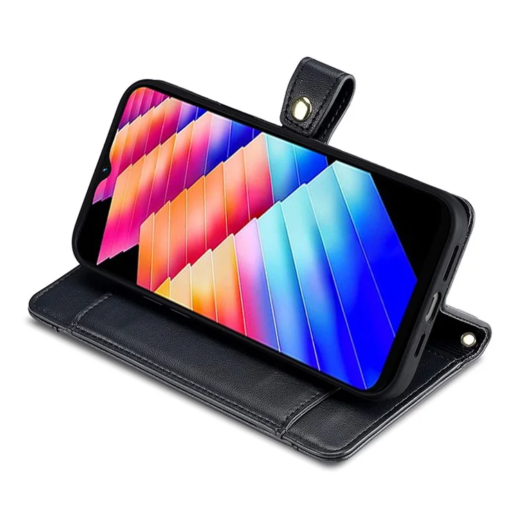 Para Infinix Hot 30i Carteira Case Zipper Pocket Flip Stand PU Leather Phone Cover com Alça de Ombro e Alça de Pulso - Preto
