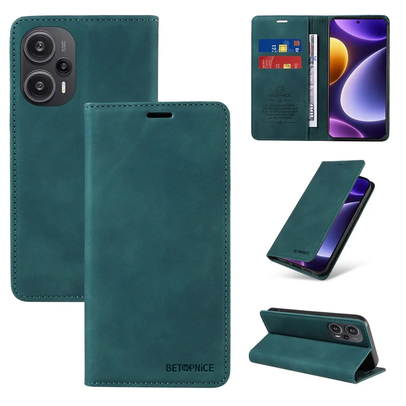 BETOPNICE 003 RFID Blocking Shell per Xiaomi Redmi Note 12 Turbo / Poco F5 5G Custodia Portafoglio Telefono in Pelle con Supporto - Verde