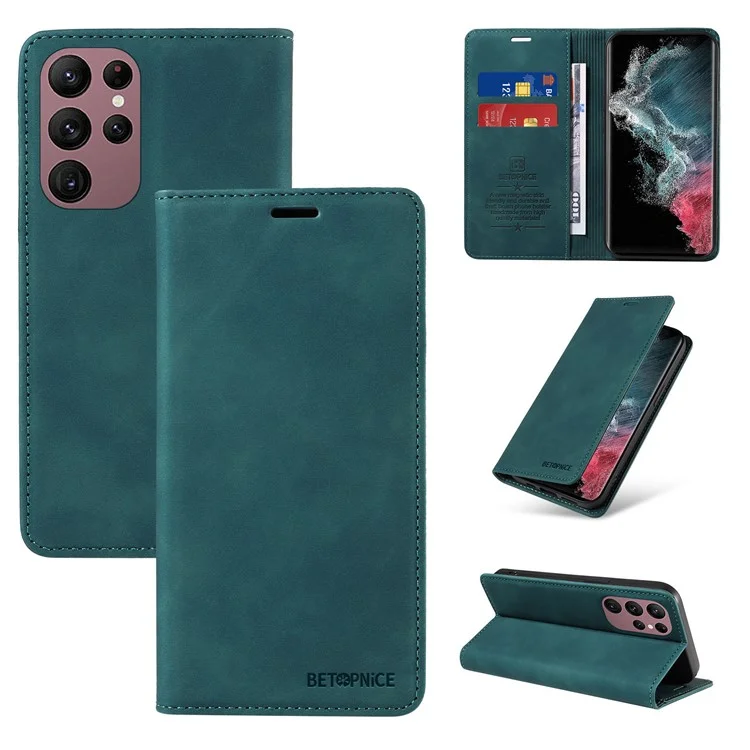 BETOPNICE 003 для Samsung Galaxy S22 Ultra 5G RFID Blocking Bump Proof Phone Wallet Leather Stand Case - Зеленый
