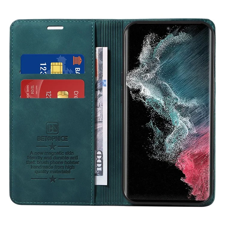 BETOPNICE 003 для Samsung Galaxy S22 Ultra 5G RFID Blocking Bump Proof Phone Wallet Leather Stand Case - Зеленый