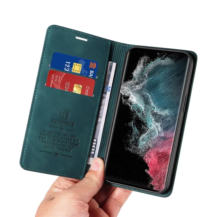 BETOPNICE 003 для Samsung Galaxy S22 Ultra 5G RFID Blocking Bump Proof Phone Wallet Leather Stand Case - Зеленый