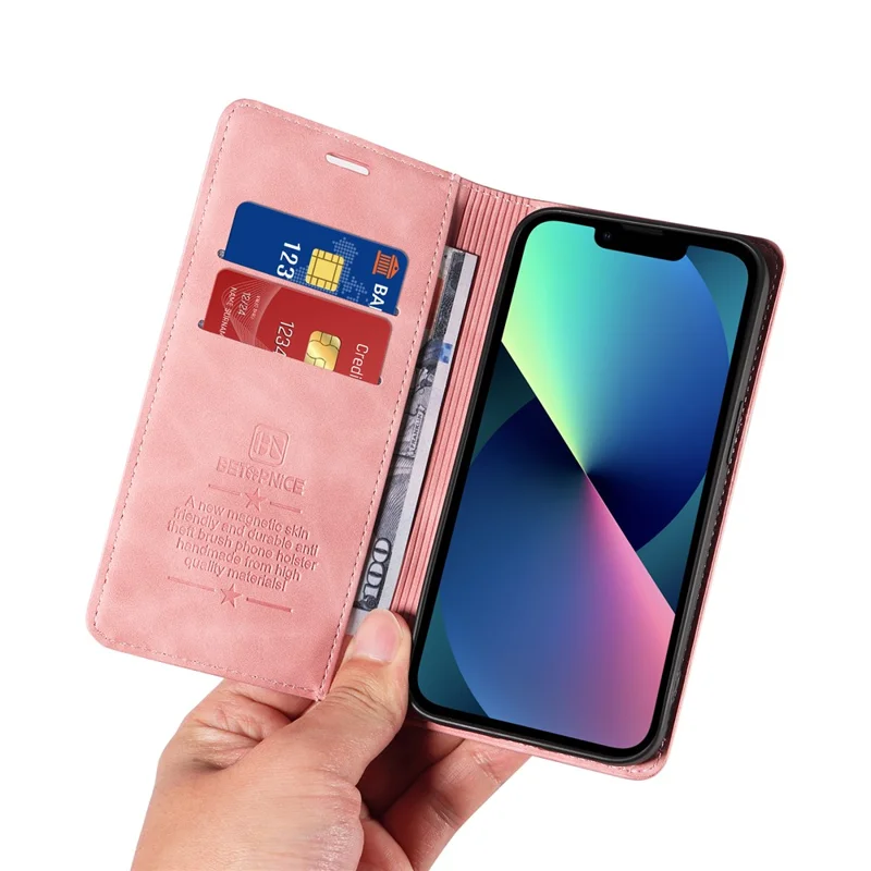 BETOPNICE 003 Para iPhone 13 mini 5.4 polegadas Capa de Telefone Celular RFID Blocking Wallet Leather Stand Case - Rosa