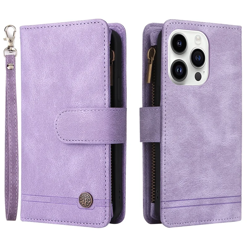 For iPhone 15 Pro Max Zipper Pocket Phone Case Imprinted Skin-touch Wallet Stand PU Leather Cover with Multiple Card Slots - Purple