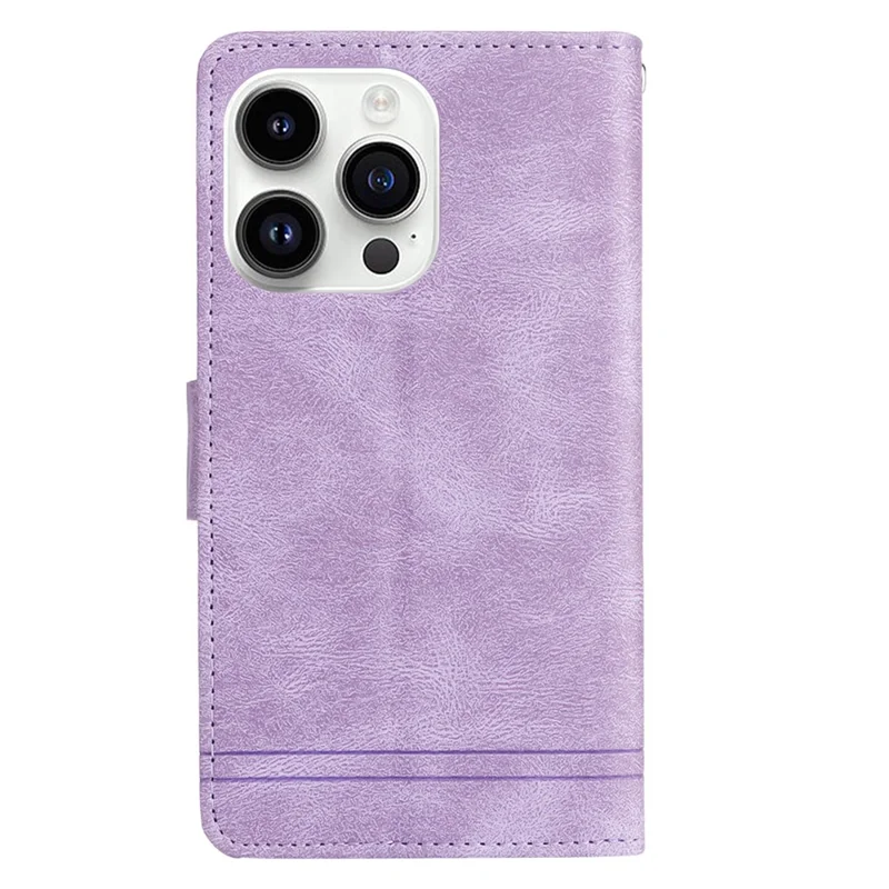 For iPhone 15 Pro Max Zipper Pocket Phone Case Imprinted Skin-touch Wallet Stand PU Leather Cover with Multiple Card Slots - Purple