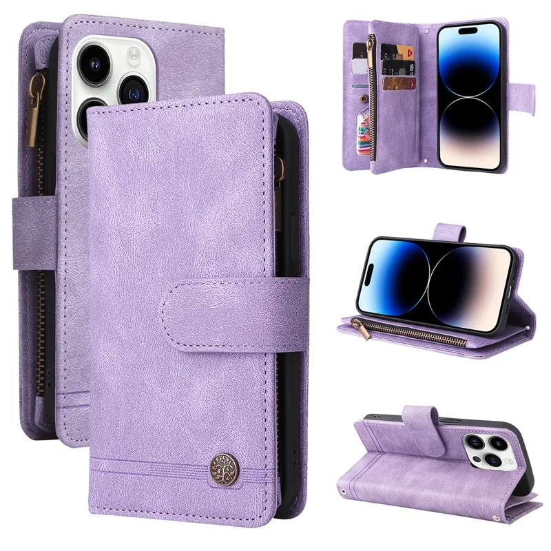 For iPhone 15 Pro Max Zipper Pocket Phone Case Imprinted Skin-touch Wallet Stand PU Leather Cover with Multiple Card Slots - Purple