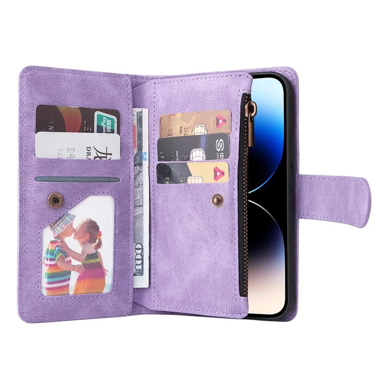 For iPhone 15 Pro Max Zipper Pocket Phone Case Imprinted Skin-touch Wallet Stand PU Leather Cover with Multiple Card Slots - Purple