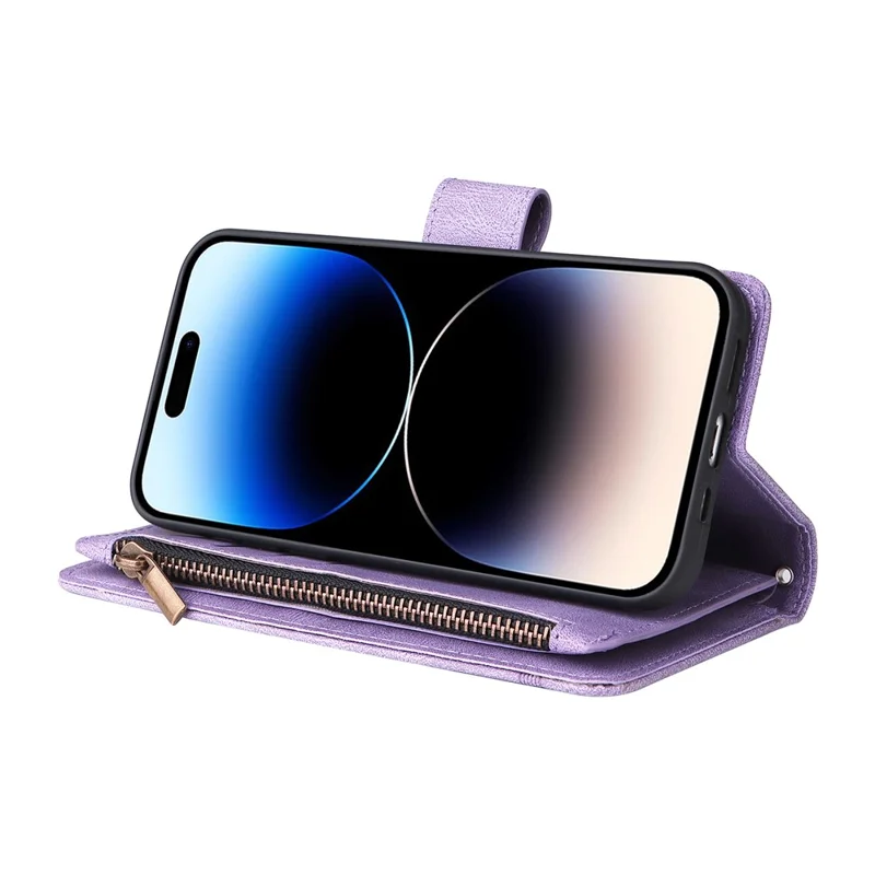 For iPhone 15 Pro Max Zipper Pocket Phone Case Imprinted Skin-touch Wallet Stand PU Leather Cover with Multiple Card Slots - Purple
