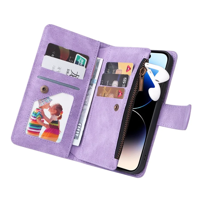 For iPhone 15 Pro Max Zipper Pocket Phone Case Imprinted Skin-touch Wallet Stand PU Leather Cover with Multiple Card Slots - Purple